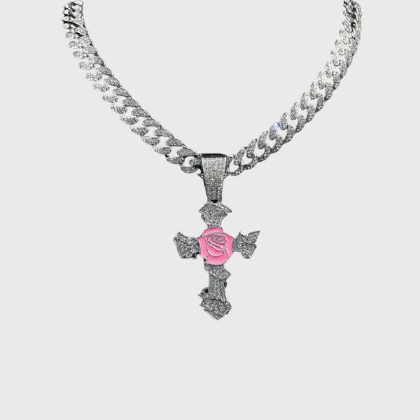 Iced Out Cross Rose Pendant Necklace